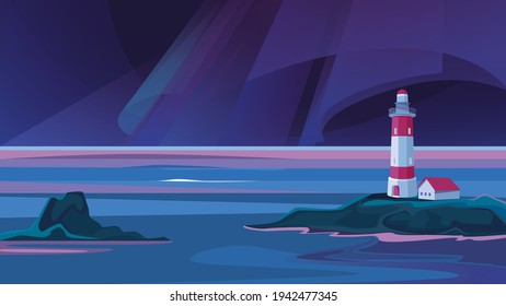 Landscape with lighthouse in the night. Beautiful seascape with northern lights.