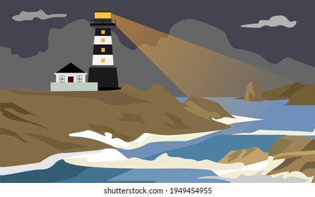 Landscape lighthouse in night of the sea (vector illustration)