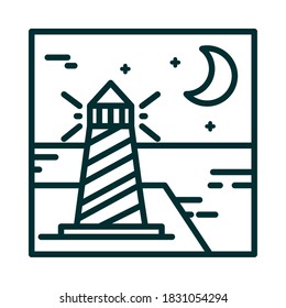 landscape lighthouse ocean moon night sky cartoon line icon style vector illustration