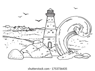 Landscape with lighthouse and ocean wave. Hand drawn vector sketch illustration