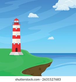 Landscape with a lighthouse on the edge of the coast. Marine architecture. Coastal lighthouse.