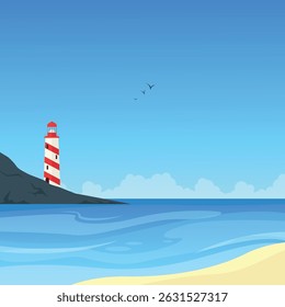 Landscape with a lighthouse on a rock in the ocean. Architecture. Coastline. Guiding lighthouse.