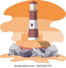 Landscape of lighthouse over land, rocks and sea at sunset