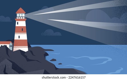 Landscape with lighthouse. Poster or banner for website, wallpaper for computer or smartphone. Natural sea panorama, coastal beacon on seashore, nautical building. Cartoon flat vector illustration