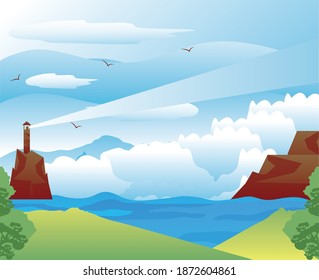 landscape lighthouse rocky mountain sea storm coast vector illustration