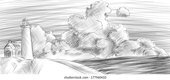 Landscape with lighthouse, sea and clouds