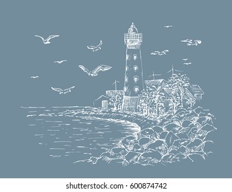 Landscape Lighthouse. Sea and seagulls sketch. Hand painted lighthouse and the sea. Rocky shore graphics. Vector illustration.