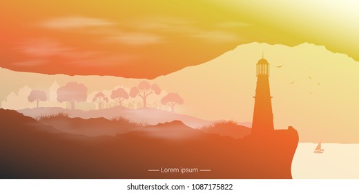 Landscape with lighthouse standing on a cliff. Vector illustration