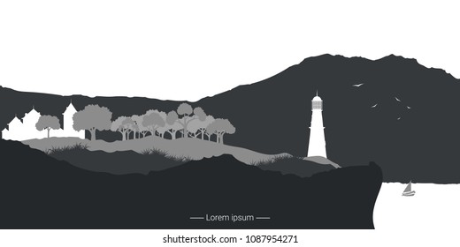 Landscape with lighthouse standing on a cliff. Vector illustration