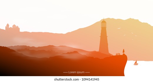 Landscape with lighthouse standing on a cliff. Vector illustration