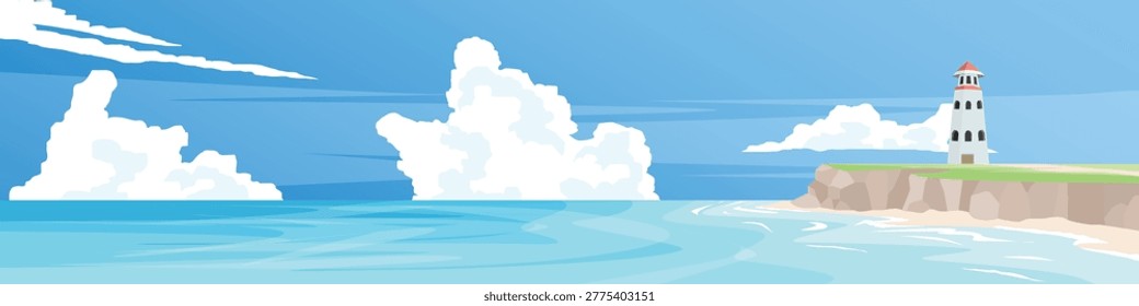 Landscape of lighthouse at the very edge of the land that juts out. Sea crashes against the shore revealing a clean pale sandy beach. Under blue sky and white clouds. for banner background.