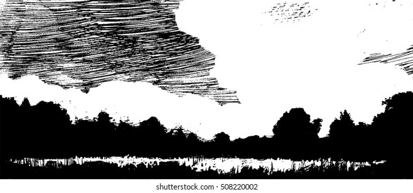 Landscape line drawing in black and white. Woodcut illustration style. Pen and ink Sketch. Horizontal Banner Header of field, trees and clouds in sky. Lots of texture.