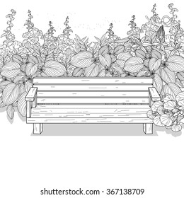 landscape line drawing sketch, thicket and wood bench