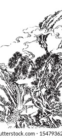 Landscape line drawing of traditional Chinese painting style