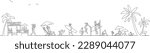 landscape of line drawings by people enjoying summer sea and sea bathing