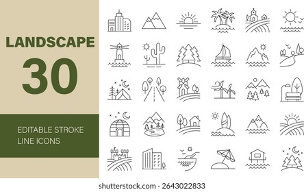 Landscape line Editable Icon set. Containing environment, view, city, nature, lighthouse, forest, mountain, sunset, sunrise, summer, farming and more. Editable line icons. Vector illustration.