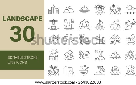 Landscape line Editable Icon set. Containing environment, view, city, nature, lighthouse, forest, mountain, sunset, sunrise, summer, farming and more. Editable line icons. Vector illustration.