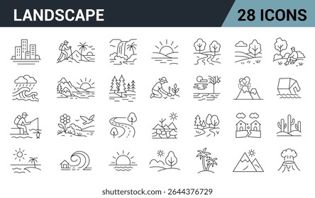 Landscape Line Editable Icons Set. Includes Mountains, Forests, Desert, Ocean, Volcano, Sunrise, Fields, Urban Cityscapes, and More. Vector illustration.