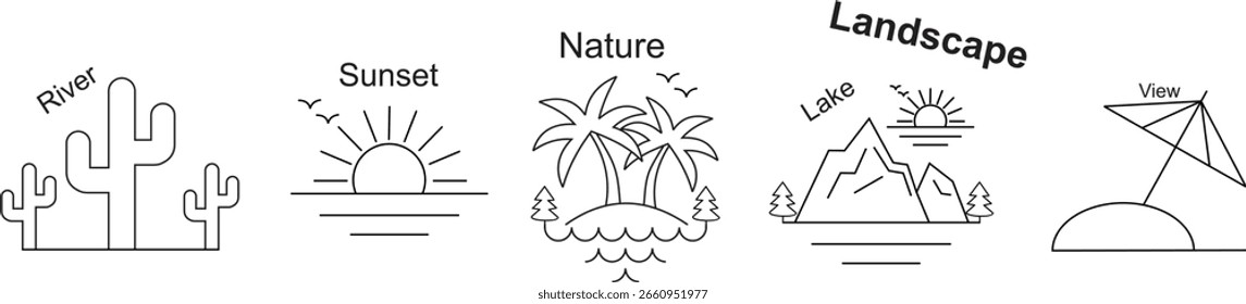Landscape line Editable Icons set. Vector illustration nature related icons sea, lake, river, forest, sunset, mountain, road, view, sunrise,  