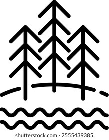 Landscape line icon. Fir forest and body of water outline vector sign. Nature linear style pictogram. Symbol, logo illustration. Editable stroke.