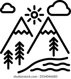 Landscape line icon. Mountains with forest, sun, clouds and body of water outline vector sign. Travel linear style pictogram. Adventure symbol, logo illustration. Editable stroke.