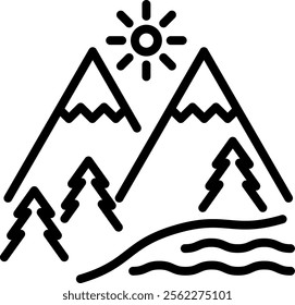 Landscape line icon. Mountains with forest, sun and body of water outline vector sign. Travel linear style pictogram. Adventure symbol, logo illustration. Editable stroke.