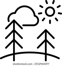 Landscape line icon with pine trees sun and cloud. Outline vector sign, linear style pictogram. Nature symbol, logo illustration. Editable stroke.