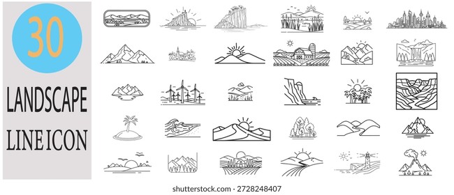 Conjunto de iconos de línea de paisaje con treinta diseños únicos de escenas de naturaleza