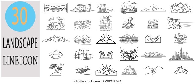 Conjunto de ícones da linha da paisagem com trinta projetos exclusivos da cena da natureza