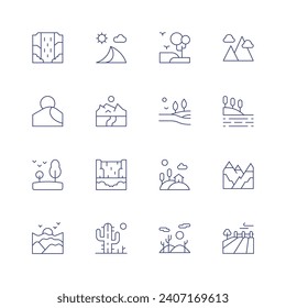Landscape line icon set on transparent background with editable stroke. Containing waterfall, dune, forest, hill, mount kenya, cactus, wood, meadow, landscape, bay, field, mountain.