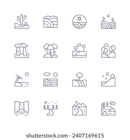 Landscape line icon set on transparent background with editable stroke. Containing desert, megalith, beach, waterfall, field, forest, meadow, path, farm, hill, river, landscape.