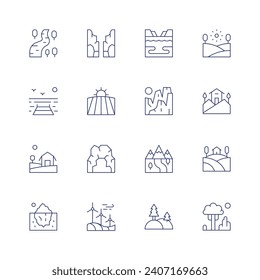 Landscape line icon set on transparent background with editable stroke. Containing river, pier, farm, iceberg, canyon, field, cave, lake, cliffs, route, hills, landscape, village, tree, house.