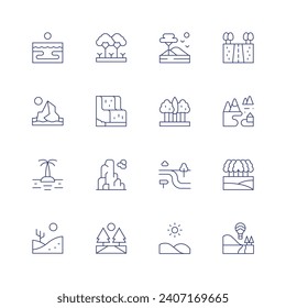 Landscape line icon set on transparent background with editable stroke. Containing beach, glacier, island, desert, tree, waterfall, mountain, road, savannah, trees, path, hill, landscape, forest.