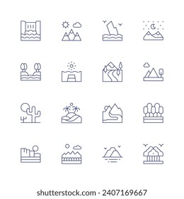 Icono de línea horizontal establecido en fondo transparente con trazo editable. Conteniendo cascada, río, desierto, montaña, contemplación, isla, valle, paisaje, montañas, naturaleza, bosque.