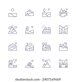Landscape line icon set on transparent background with editable stroke. Containing desert, mountain range, lake, village, mountain, hill, sea, landscape, waterfall, valley.