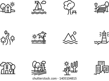 Landscape line icon set. Park, beach, street. Stroll concept. Can be used for topics like vacation, city, nature