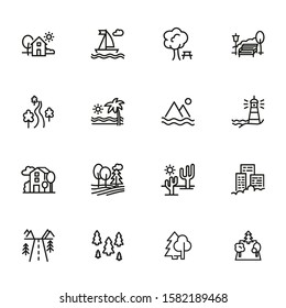 Landscape line icon set. Park, beach, street. Stroll concept. Can be used for topics like vacation, city, nature