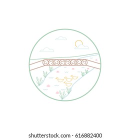 Landscape line icon set. Vector illustration. Summer village nature.