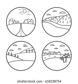 Landscape line icon set. Vector illustration. Summer nature. Line art.