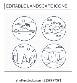 Landscape line icons set. Archipelago, atoll, canyon and cascade. Ecosystem. Ecology concept. Isolated vector illustrations. Editable stroke