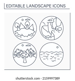 Landscape line icons set. Glade, gorge, grove and quicksand. Ecosystem. Ecology concept. Isolated vector illustrations. Editable strokes