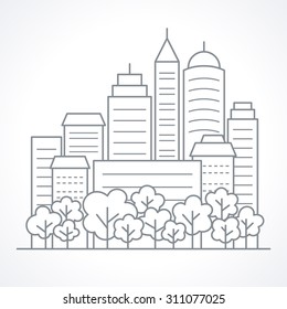 ?ity landscape line vector illustration with skyscrapers, towers, park, trees