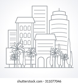 ?ity landscape line vector illustration with skyscrapers, towers, hotels, parks, trees, palms, cypresses