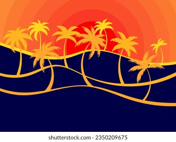 Landscape with a linear wavy landscape with silhouettes of palm trees against the sunset. Landscape in a minimalist style in orange on a black background. Vector illustration