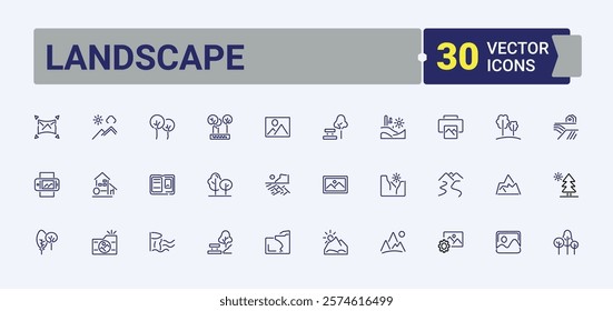 Landscape lined icons set. Includes icons for canyon, landscape, sky, cliff, house, tree, rest, nature. Simple line vector. Vector icons editable stroke.