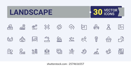 Landscape lined icons set. Includes icons for canyon, landscape, sky, cliff, house, tree, rest, nature. Simple line vector. Vector icons editable stroke.