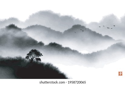 Landscape with little house on the hill and misty forest mountains. Traditional oriental ink painting sumi-e, u-sin, go-hua. Hieroglyph - happiness