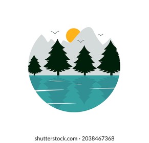 Paisaje para el concepto de logotipo. Hermosa plantilla con lago, montañas y bosque para identidad corporativa. Diseño minimalista en círculo. Dibujo vectorial plano de dibujos animados aislado en fondo blanco