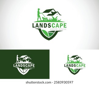 landscape logo creative design hand care lawn mower green house shield