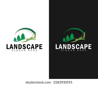 landscape logo creative green design concept lawn mower sun forest